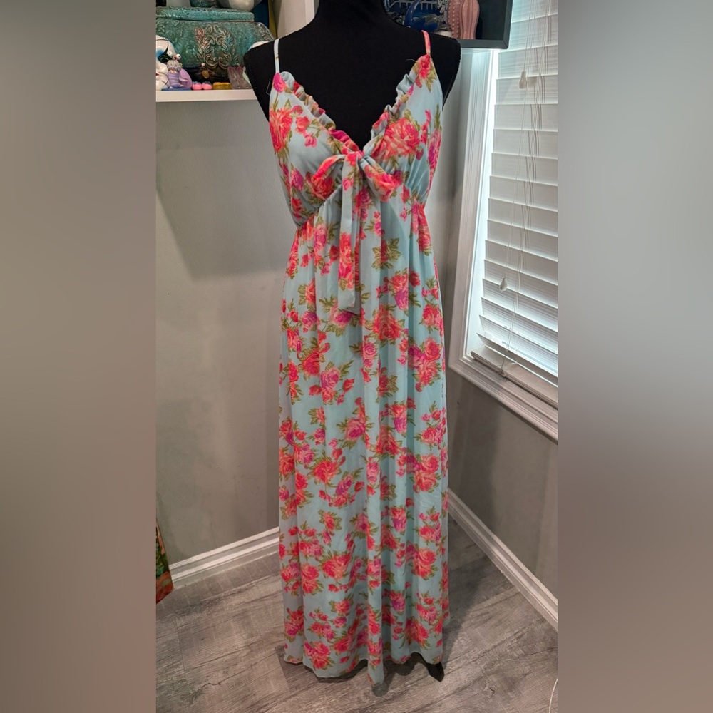 NYMPHE Mint Maxi Dress with Pink Floral Print